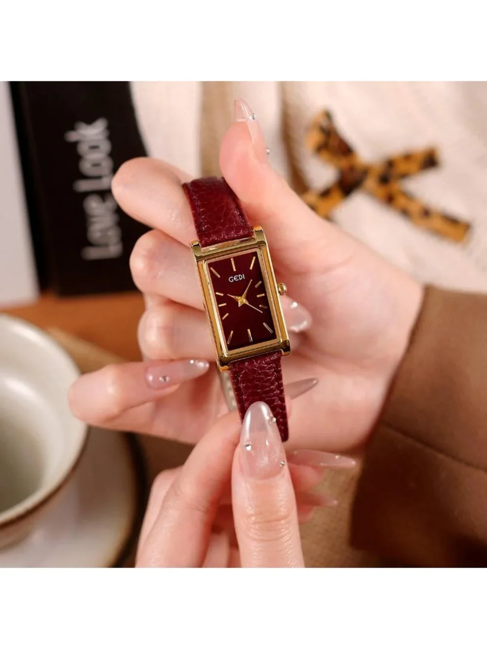 Stylish Vintage Rectangle Women's Quartz Watch with Leather Strap & Slim Bangle